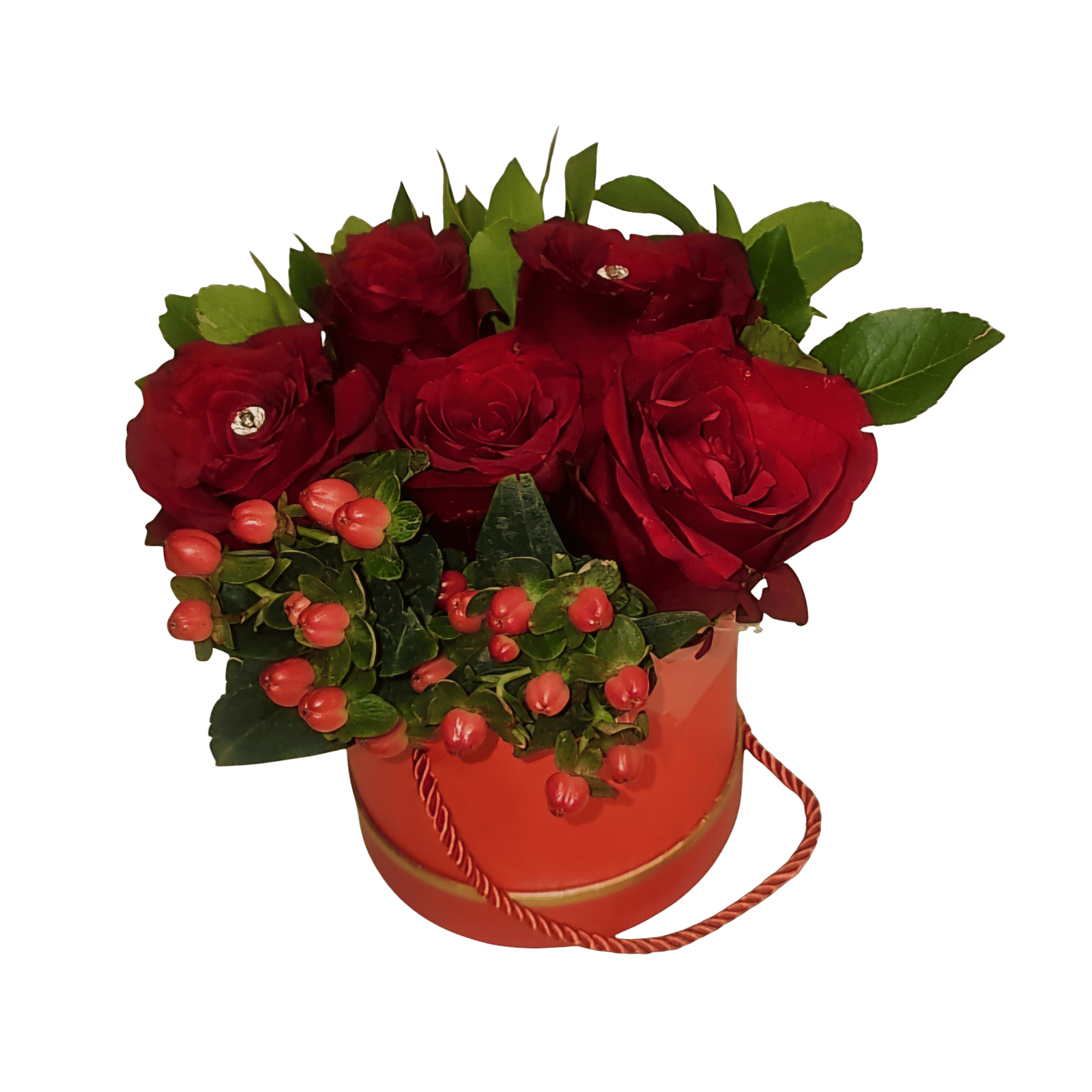 κόκκινο κυλινδρικο κουτι 13*13 με 5 κόκκινα τριαντάφυλλα Εκουαδόρ, ιπερικουμ και κουμαρο 25.00 ευρω