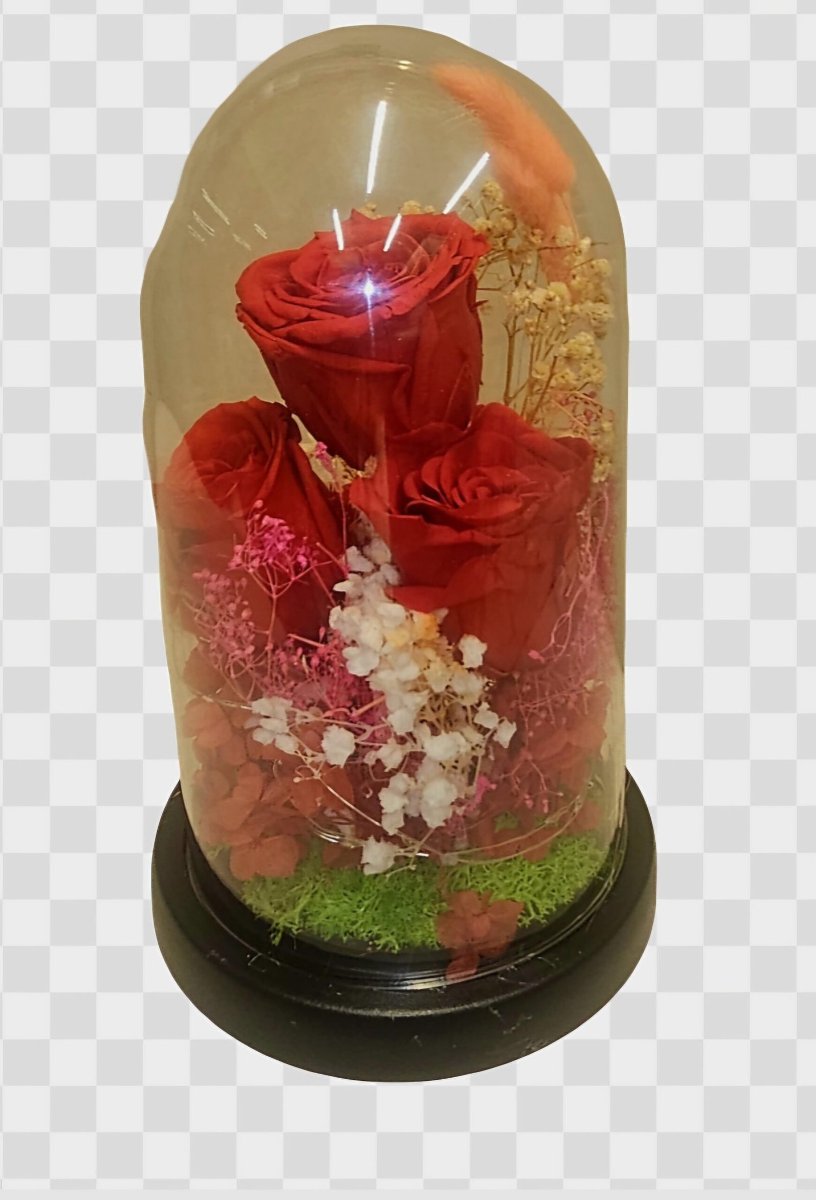 Γυάλα 28cm με μεγαλη και φαρδιά καμπάνα, με 3 τριαντάφυλλα for ever αποχυμωμενα, διαφορά διακοσμητικα και φως led