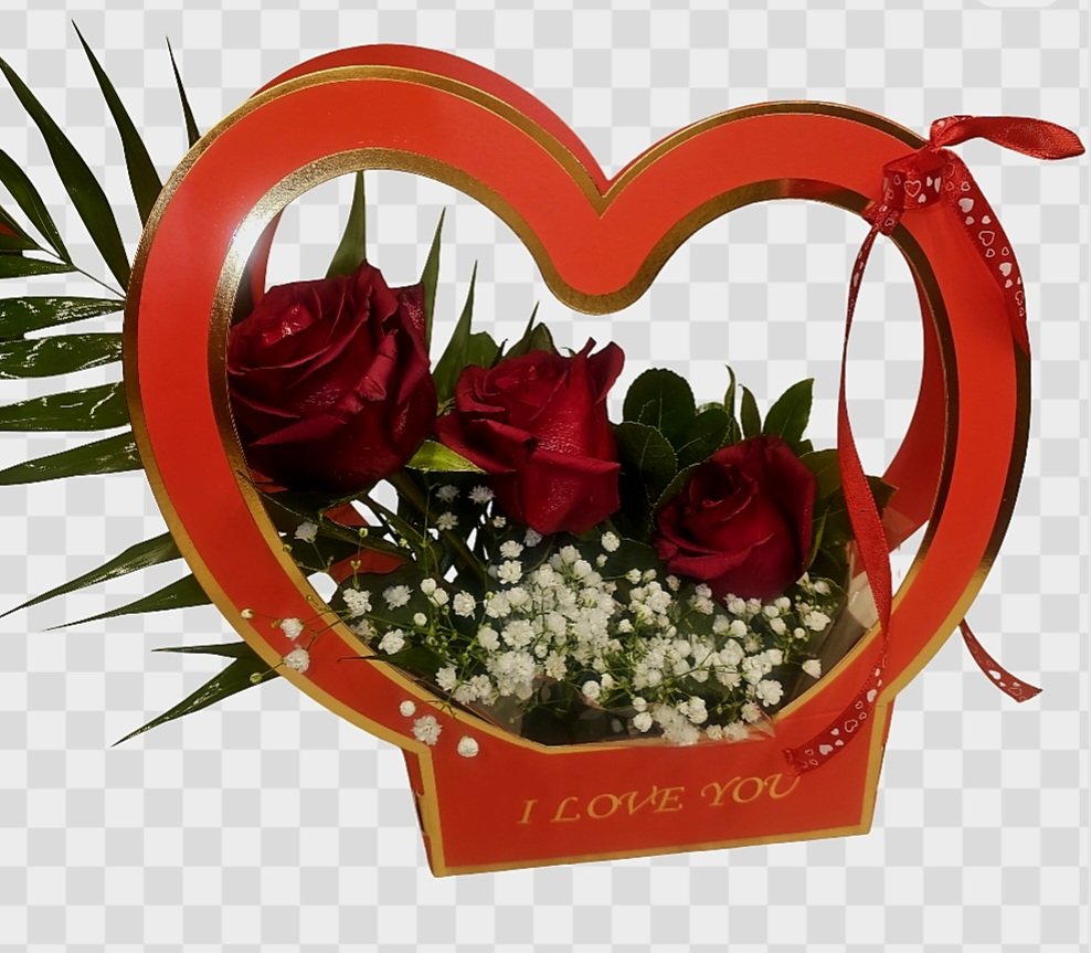 Κόκκινη καρδια i love you με 3 μεγαλα τριαντάφυλλα Εκουαδόρ explorer, γυψοφυλο και πρασινάδες εισαγωγής