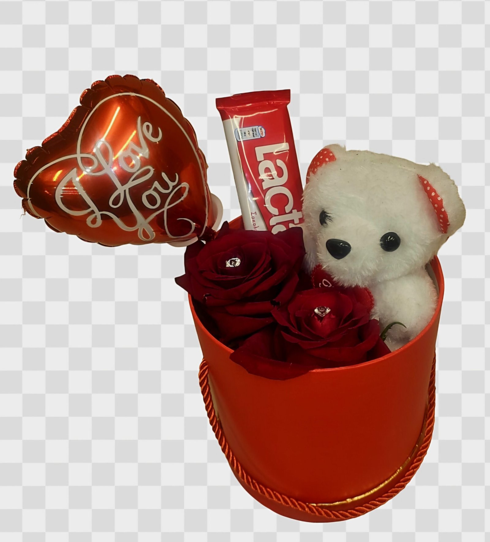 Κόκκινο κυλινδρικό μεγάλο Κουτί με 2 μεγαλα τριαντάφυλλα Εκουαδόρ explorer, mini αρκουδακι, μπαλονάκι και σοκολάτα