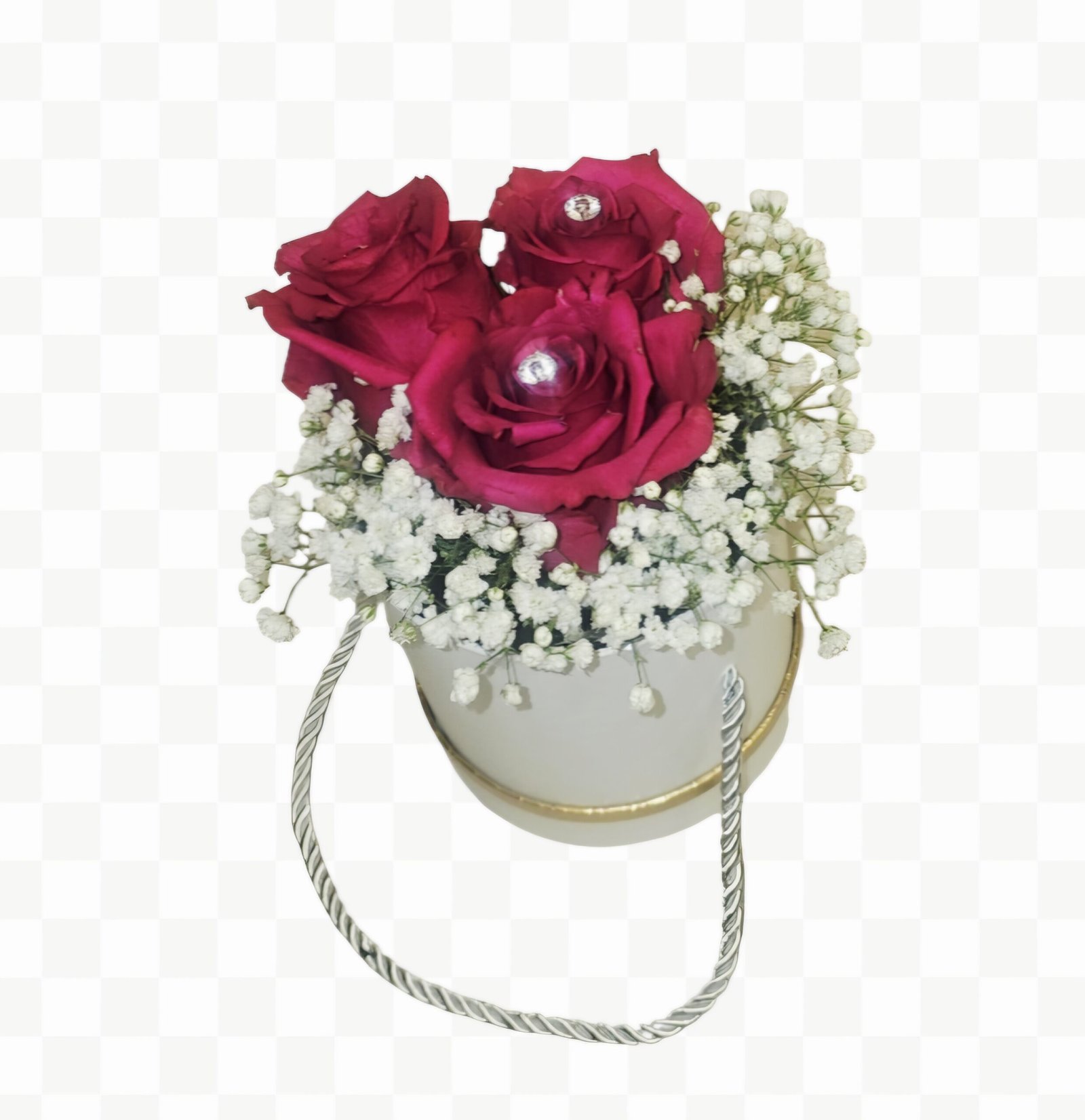 Λευκό, κυλινδρικό μικρό Κουτί με 3 ροζ μεγαλα τριαντάφυλλα Εκουαδόρ explorer και γυψοφυλο