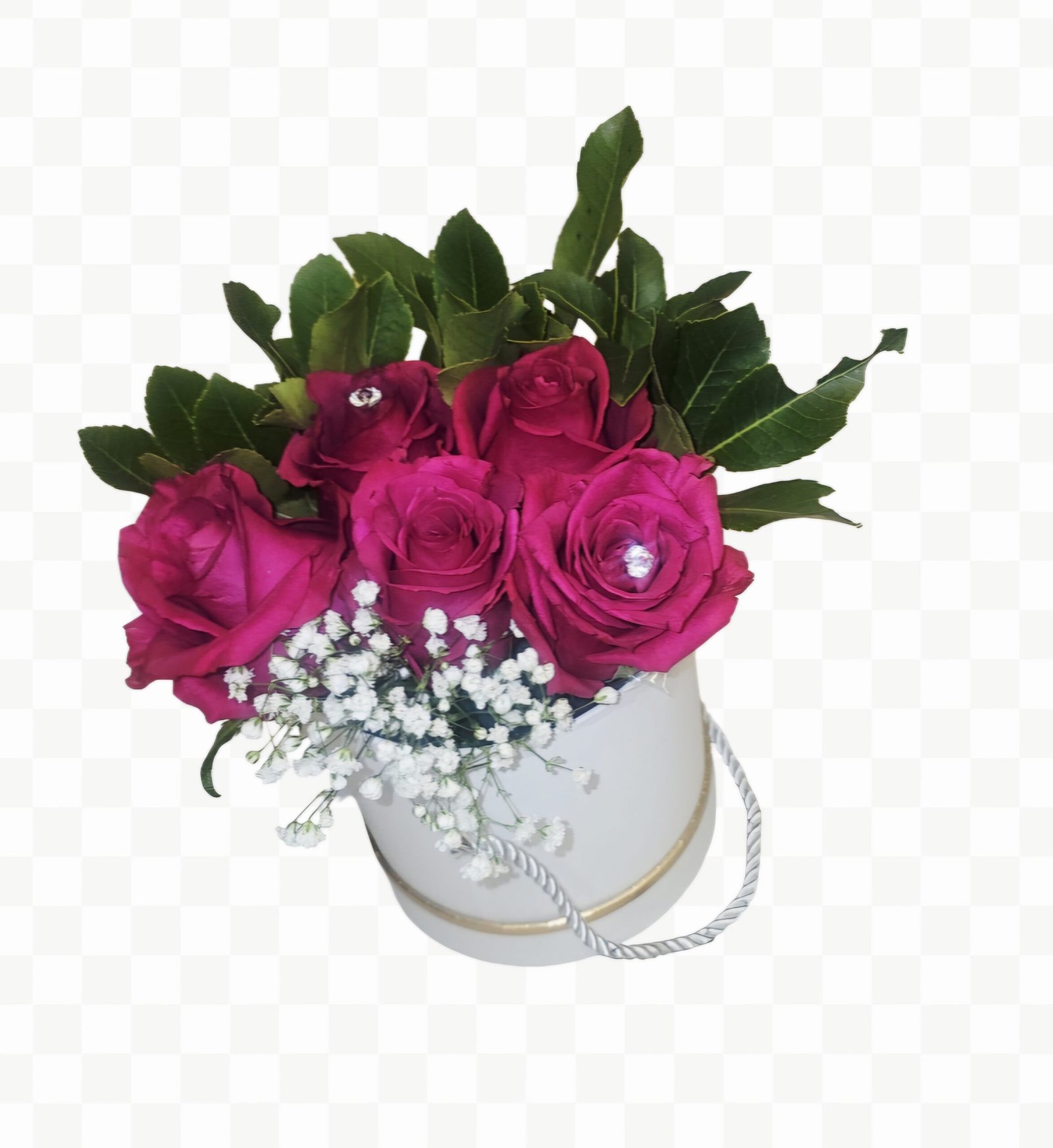 Λευκό, κυλινδρικό μεσαίο Κουτί με 5 ροζ τριαντάφυλλα μεγαλα Εκουαδόρ explorer, κουμαρο και γυψοφυλο