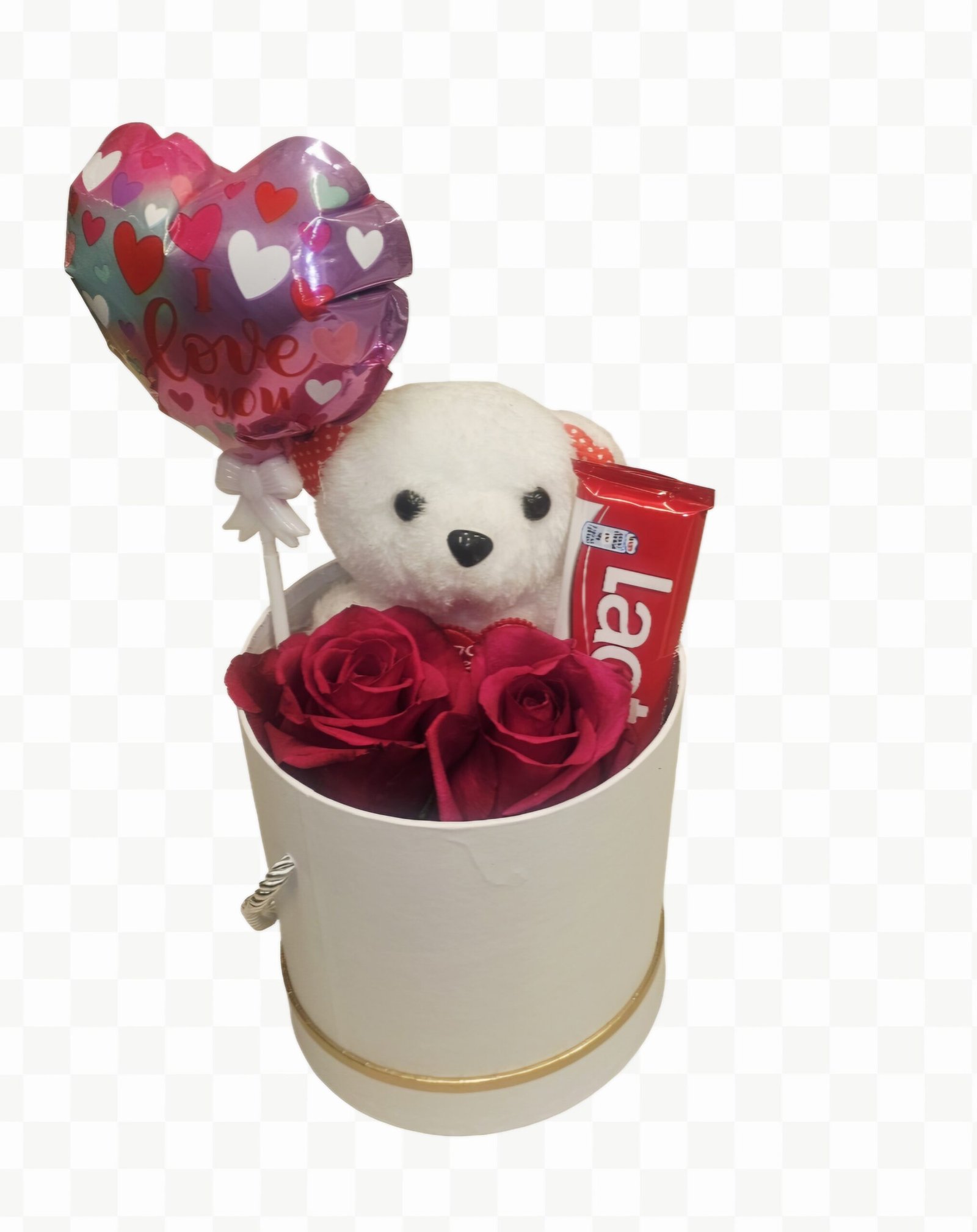 Λευκό κυλινδρικό, μεγάλο Κουτί με 2 τριαντάφυλλα ροζ Εκουαδόρ explorer, αρκουδακι, μπαλονάκι και σοκολάτα