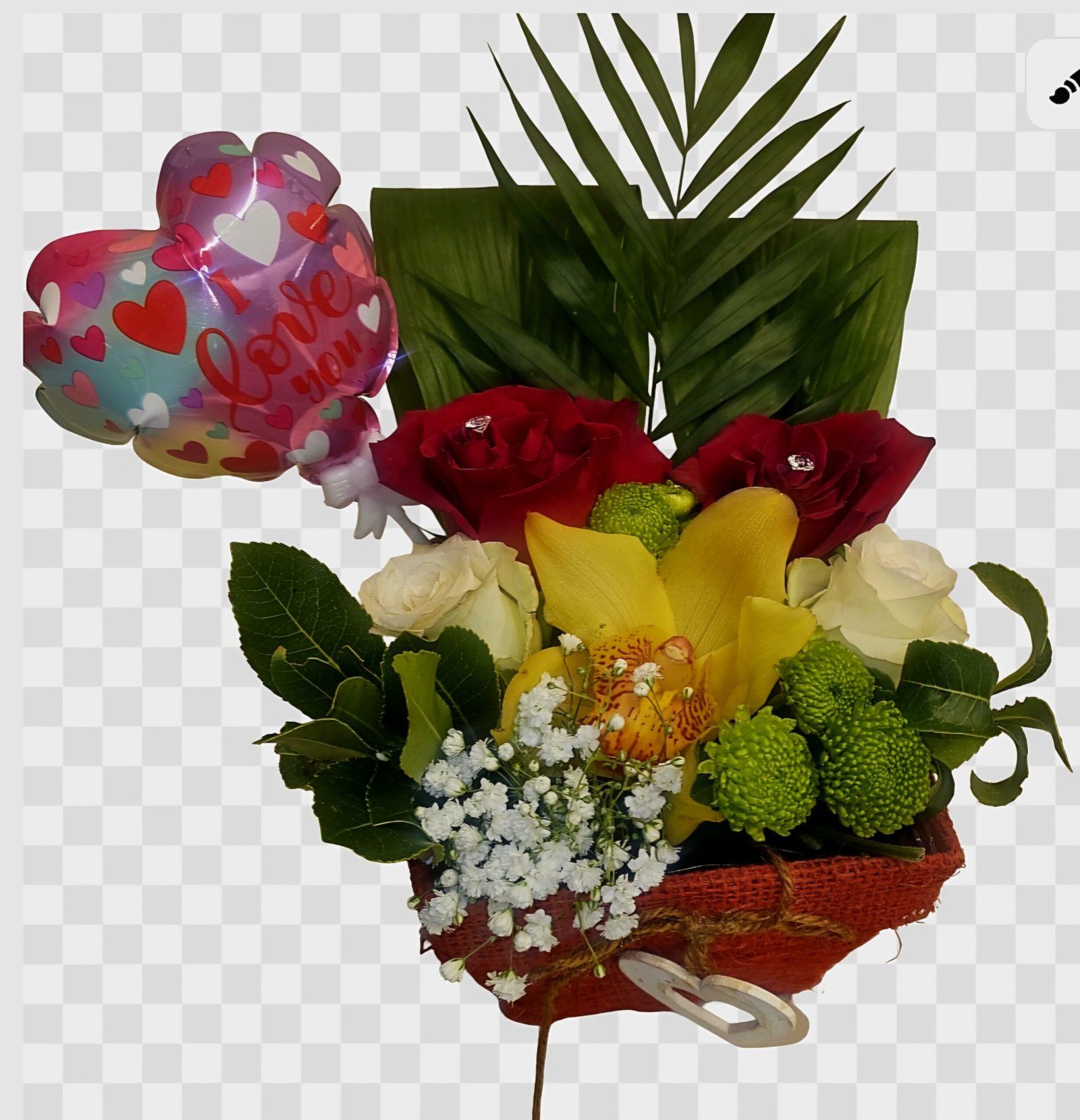 Ρομαντικό, κόκκινο καλαθάκι με τριαντάφυλλα Εκουαδόρ explorer, ορχιδεα σιμπιντιουμ, πρασιναδες εισαγωγης και μπαλονάκι