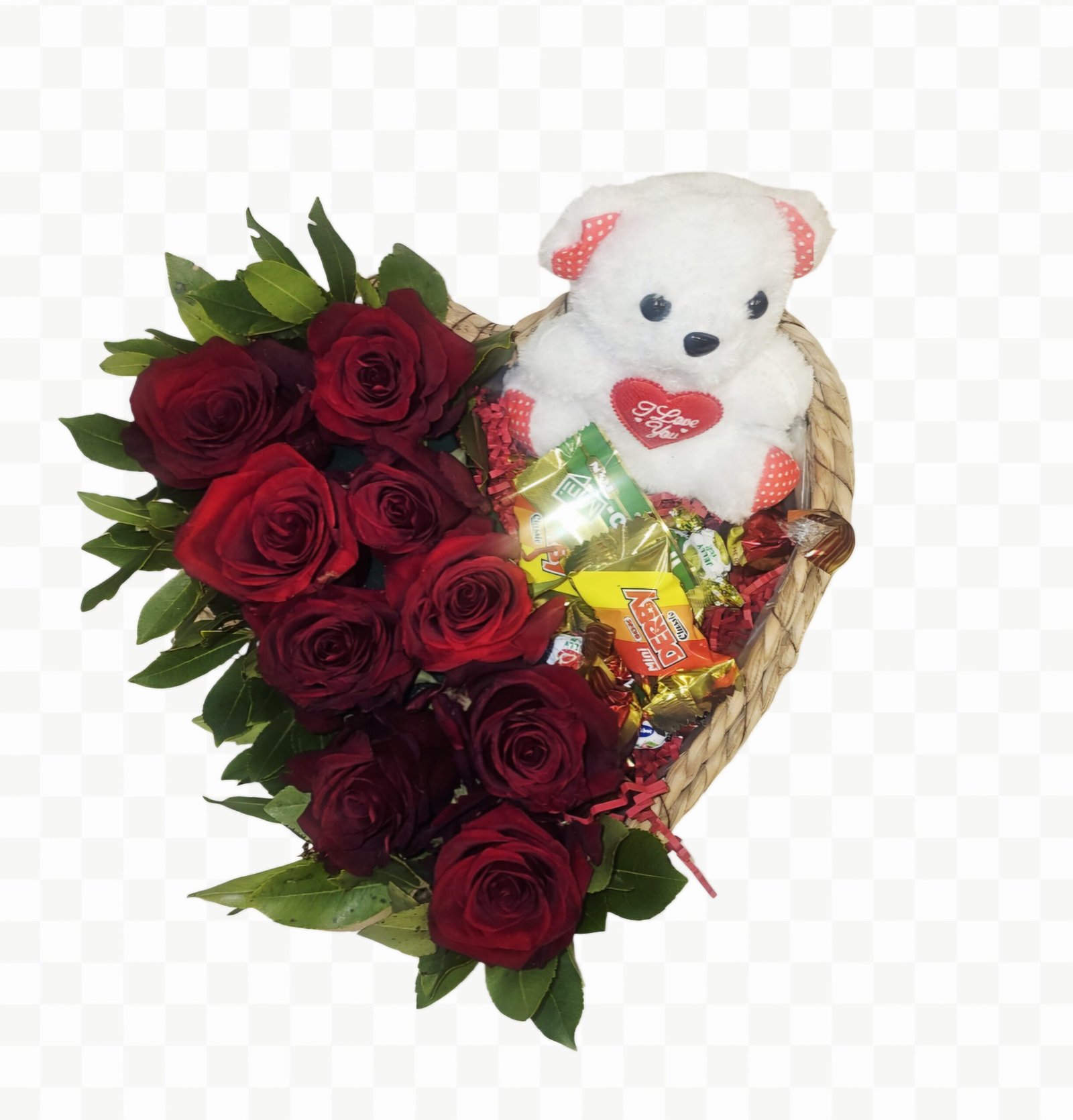 Ψάθινη καρδιά μεγαλή με 9 κόκκινα μεγαλα τριαντάφυλλα Εκουαδόρ explorer, πρασινάδα εισαγωγής, mini αρκουδακι και γλυκίσματα.