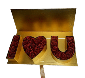 Luxury κουτι χρυσό 45.5*19.5*8 cm, με κορδέλα και εσωτερική θήκη I LOVE YOU απο κόκκινα τριαντάφυλλα soap αρρωματικα