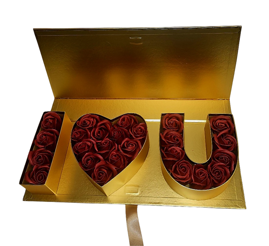Luxury κουτι χρυσό 45.5*19.5*8 cm, με κορδέλα και εσωτερική θήκη I LOVE YOU απο κόκκινα τριαντάφυλλα soap αρρωματικα