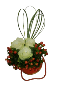 κόκκινο κυλινδρικό κουτι 11*11 με 3 λευκά τριαντάφυλλα, ιπερικουμ & πρασινάδες εισαγωγής 20.00 ευρω