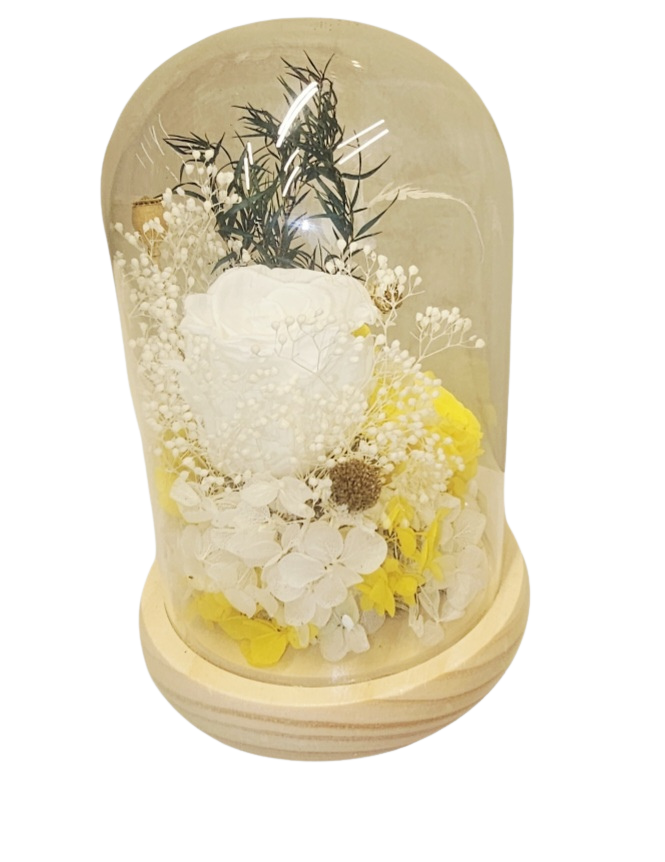 Γυάλα 20cm με άσπρο τριανταφυλλο forever, κίτρινα διακοσμητικα και φως led